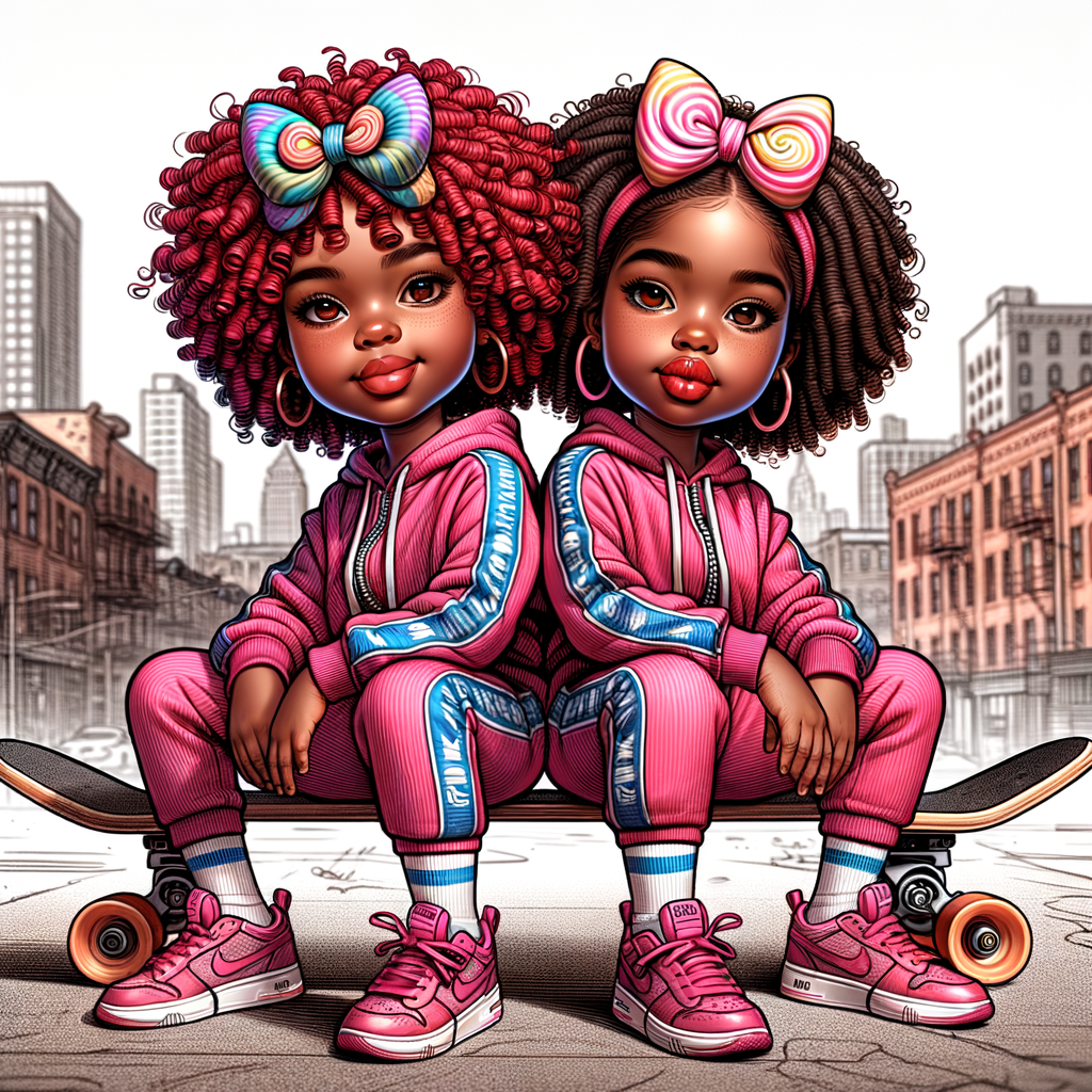 Two caricature character sisters ink wash art sitting on a skateboard city landscape . African American brown skin tone, they’re wearing pink nike track suits, Nike dunks pink, curly red hair with coils, colorful candy bows, vivid colors 4K hdr