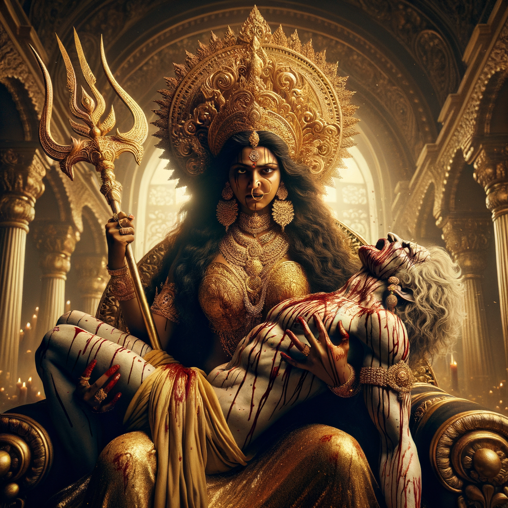 portrait of angry looking goddess durga sitting on a gold crown and carrying a weak mahishasur on her lap and stabbing him with her amazingly designed trident. She is wearing gold armor, a huge gold crown, gold saree, abundant  gold jewelry, covered in blood. The scene is set in ancient India. The image is 8K resolution, cinematic, ultra detailed face and epic.