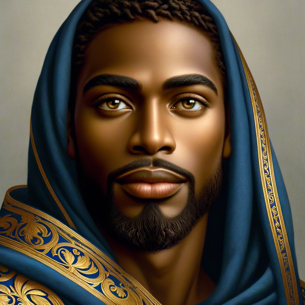 Create handsome African-American, Jesus, with Hazel Brown eyes wearing a blue and gold robe