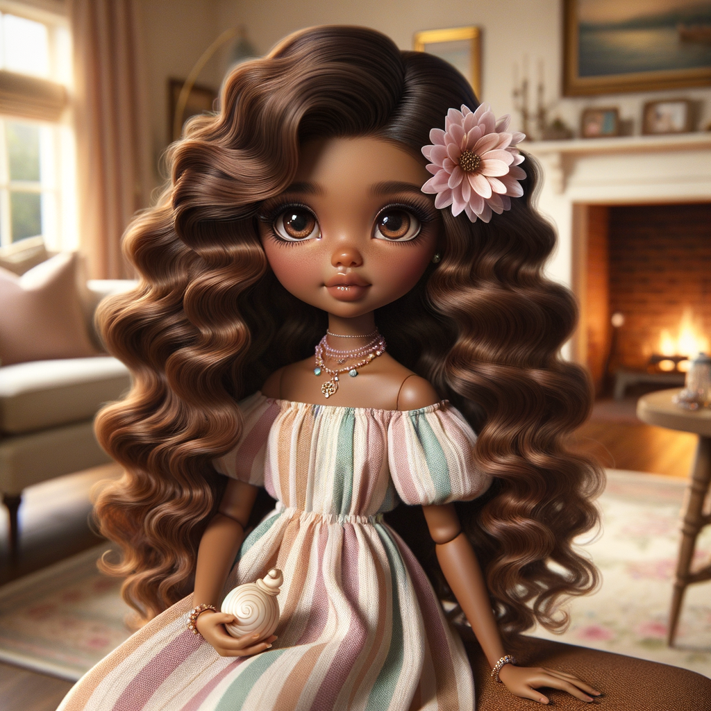 Create an image of a stylized, Latino brown skin doll-like girl seated in a cozy living room with a warm fireplace. She has voluminous, wavy hair cascading over her shoulders, tinted with shades of chestnut and mocha. Her large, expressive eyes are a deep brown, fringed with long, fluttery lashes. A delicate pink flower tucks behind one ear, complementing her youthful glow. She wears a pastel-striped summer dress with soft, flowing fabric that drapes elegantly over her small frame. Around her neck is a dainty necklace adorned with beads and a gentle sprinkle of gemstones reflecting subtle light. In her hand, she holds a pearly seashell as a charming accessory. Behind her, the living room is inviting, with plush furnishings, a mantelpiece adorned with family photos and trinkets, and a crackling fireplace that casts a comforting glow and dancing shadows around the room, enhancing the ambiance of a serene home setting