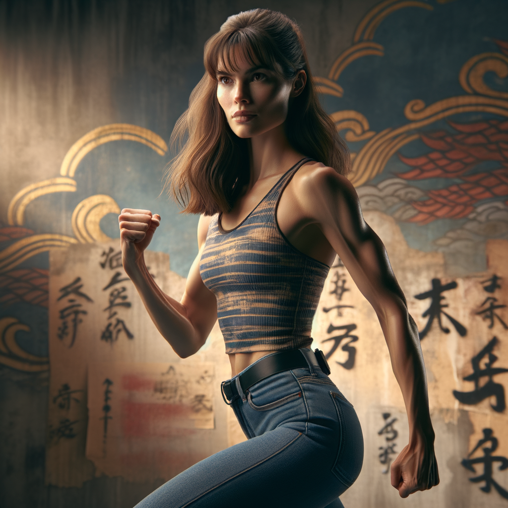 Athletic Thin skinny Attractive, Asian teenage girl, long brown hair and bangs, wearing tight skinny jeans and a halter top paint marks on her clothing, heroic pose Asian graffiti background, side view