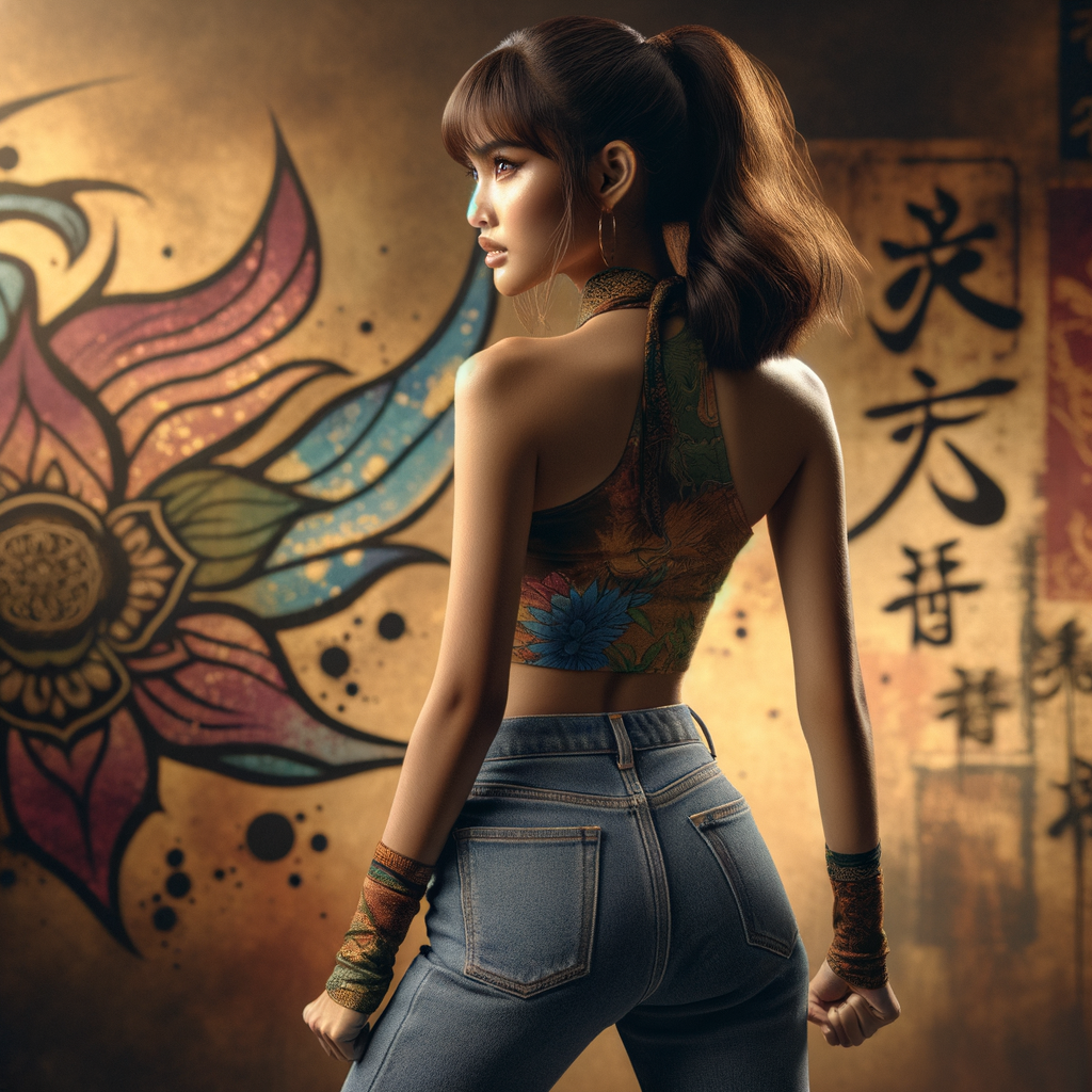 Athletic Thin skinny Attractive, Asian teenage girl, long brown hair and bangs, wearing tight skinny jeans and a halter top paint marks on her clothing, heroic pose Asian graffiti background, backside view