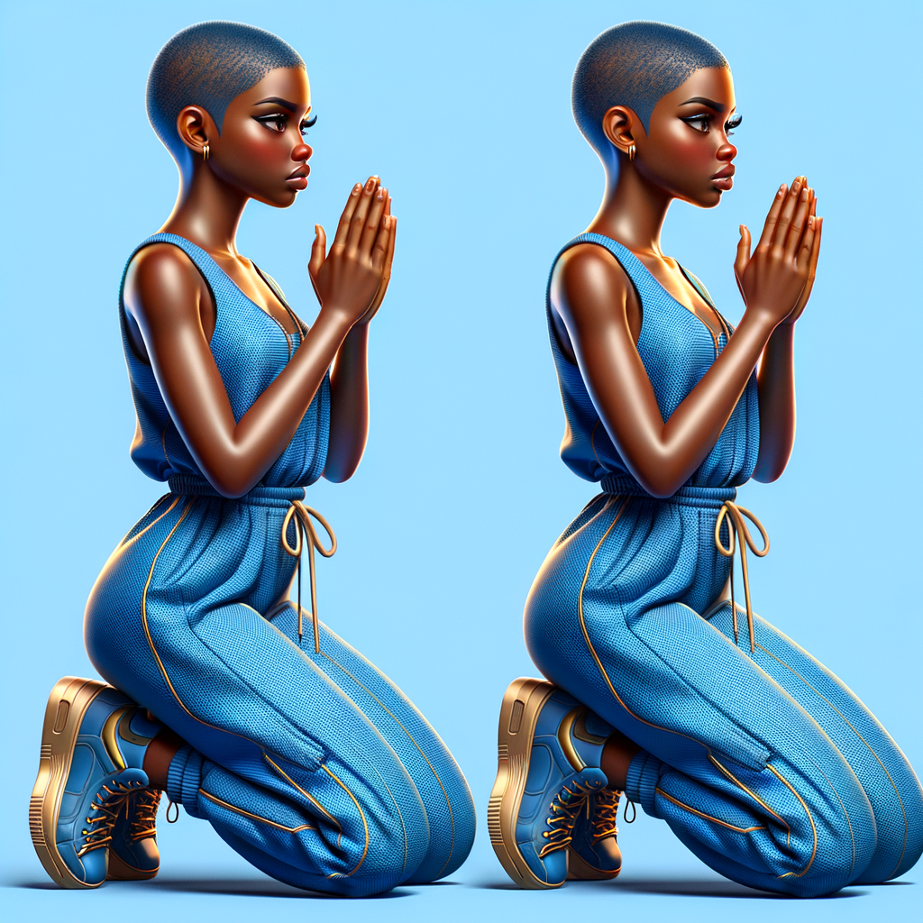 Create a 3D illustration of a realistic light skinned African-American woman is on her knees Praying, she has a pixie cut hairdo, she has on a blue and gold jumpsuit with blue and gold Nikes. The background is a Facebook cover.