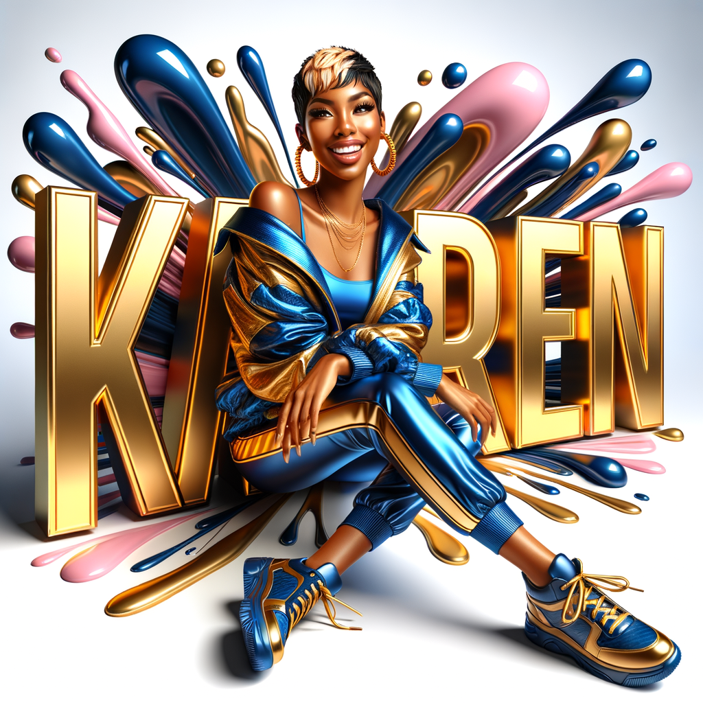 3D writing name "KAREN" bold glossy gold. There is a beautiful African-American latino woman, smiling with a black and blonde pixie cut hairdo,blue and gold trendy jacket and outfits in blue, pink, and gold tones, sport shoes, sitting under the name. Her outfits are glossy. dynamic color explosion background, of pink, blue, gold colors, splashed on white wall