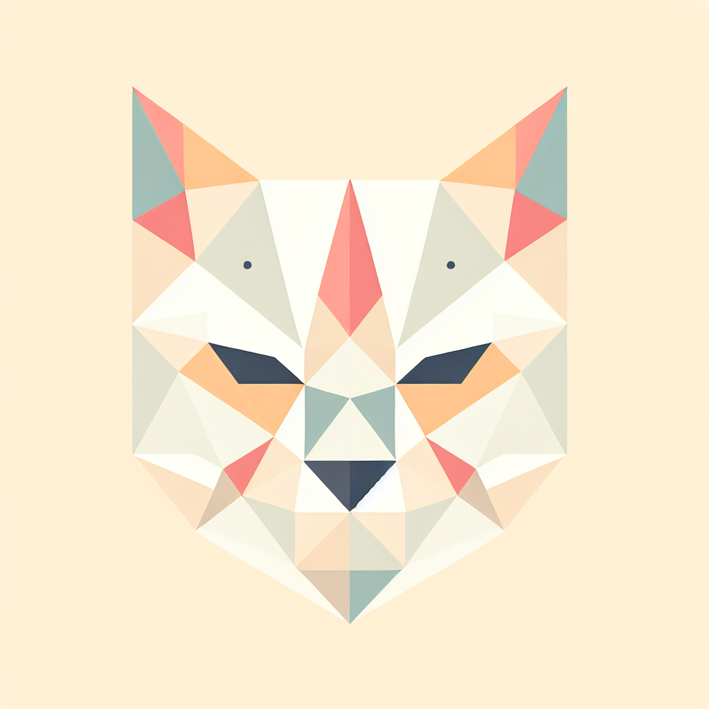 A simple geometric illustration of a cat’s face, made up of clean triangular shapes in a soft pastel palette.