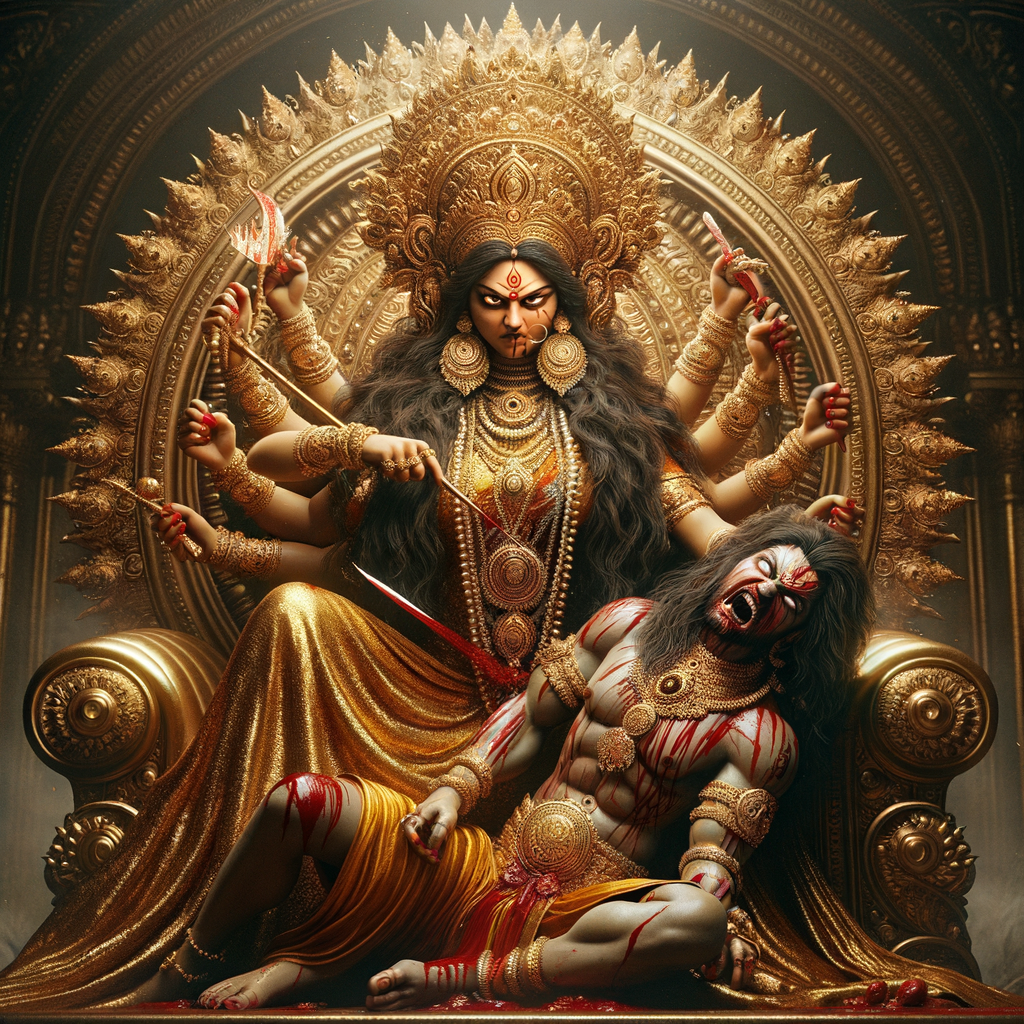 photograph of angry looking goddess durga sitting on a gold crown and carrying a weak mahishasur on her lap and poking him with her amazingly long red fingernails. She is wearing gold armor, a huge gold crown, gold saree, abundant  gold jewelry, covered in blood. The scene is set in ancient India. The image is 8K resolution, cinematic, photography, ultra detailed face and epic.