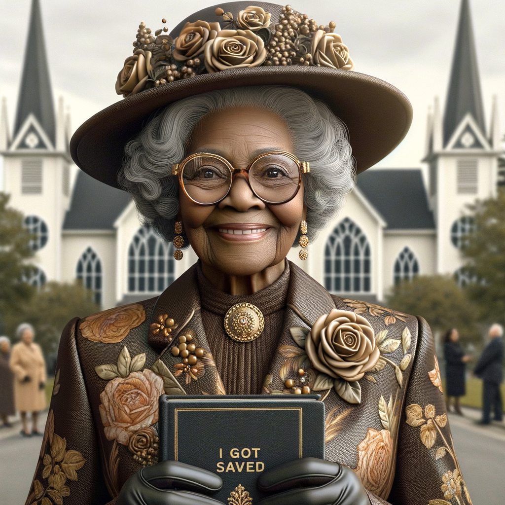 Create a 3-D realistic, elderly African-American woman stands in front of a quaint church, exuding joy with the biggest smile on her face. Her eyes are magnified by large, round glasses, and her gray hair is styled neatly beneath a stylish church hat adorned with roses and intricate golden details. She's dressed in an elegant jacket with a floral pattern in shades of brown and gold, complementing her hat. On her jacket, a prominent brooch adds a touch of sophistication. She holds a book titled "I Got Saved" in her gloved hands, showcasing her spiritual milestone with pride and delight.