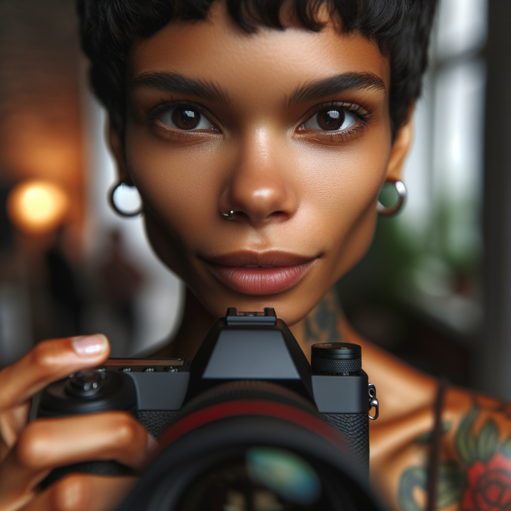 A beautiful Puerto Rican woman, with short hair and tattoos, looking at the camera. This image is taken with a canon high resolution for the camera.