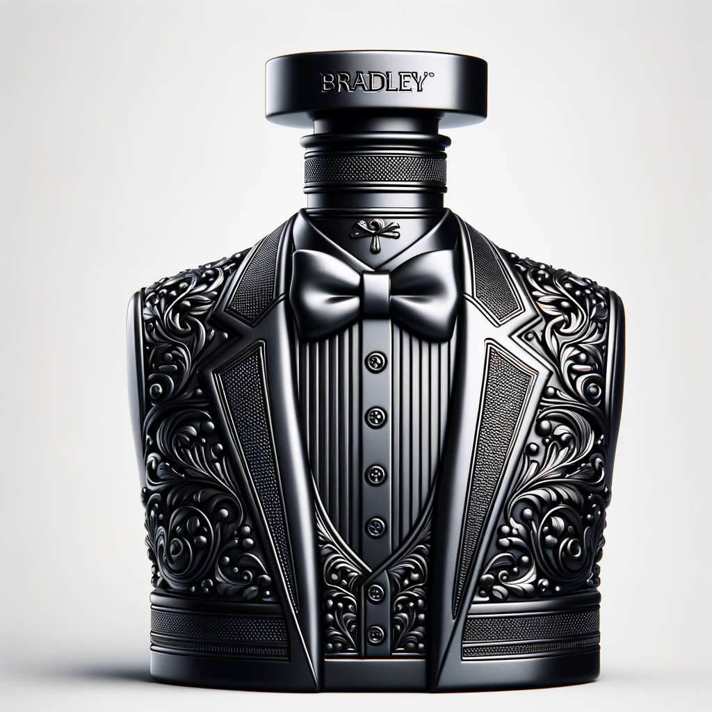 Create 3-D realistic cologne bottle in the shape of a black Gucci tuxedo with the name Bradley