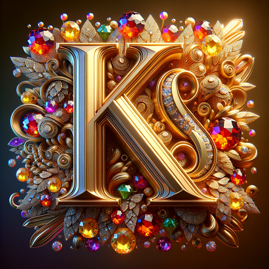 Create a 3-D realistic image with the letters  K.S. in gold raised letters , Add diamonds and colorful jewels