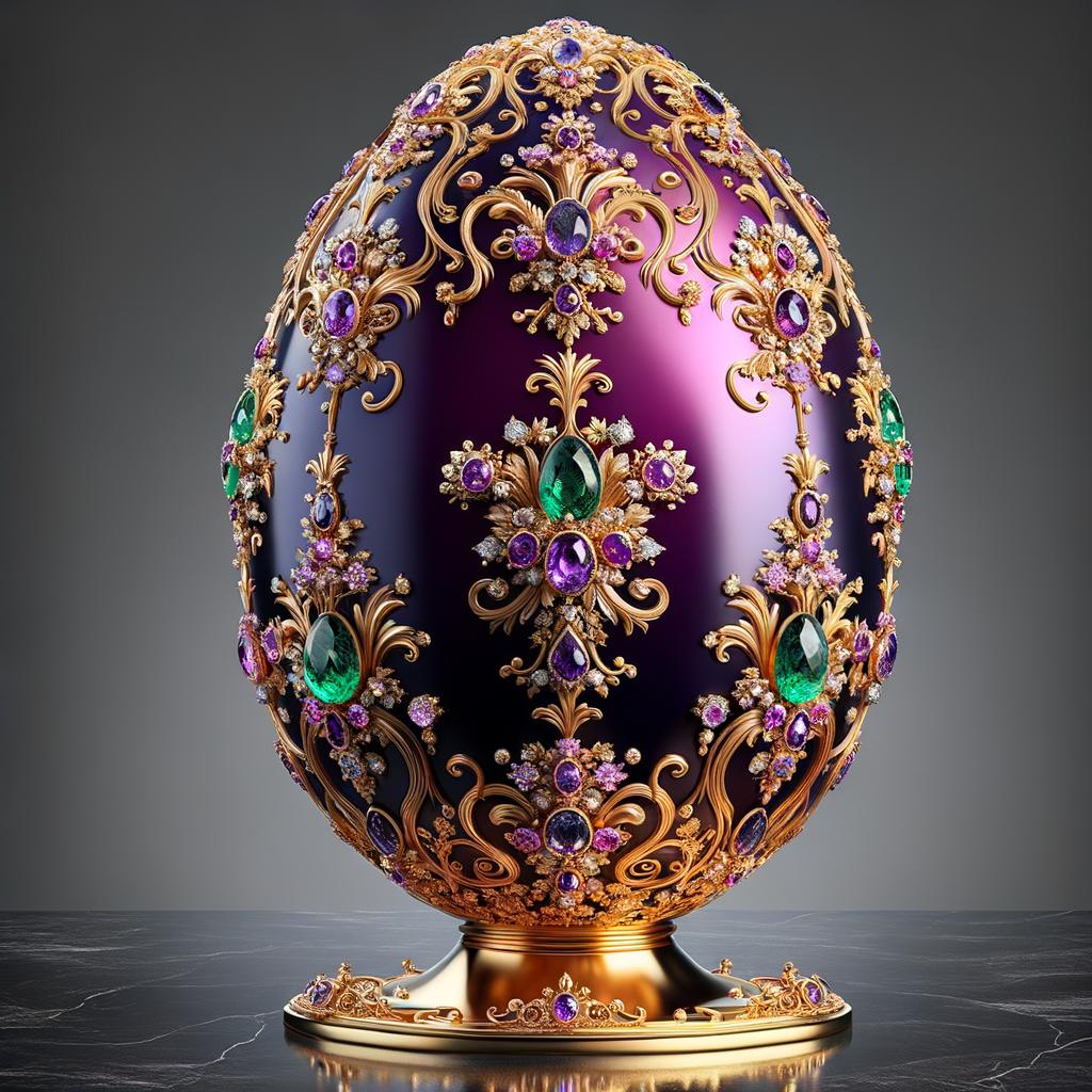 Create an image of an exquisite egg-shaped object, oriented to face the viewer head-on. The design should feature a deep purple base adorned with opulent gold filigree, floral patterns, and encrusted with various jewels such as emeralds, sapphires, and a prominent amethyst. The egg stands regally on a gold pedestal, gleaming with reflective elegance. Its intricate details and rich colors should convey a sense of luxury and royal splendor.