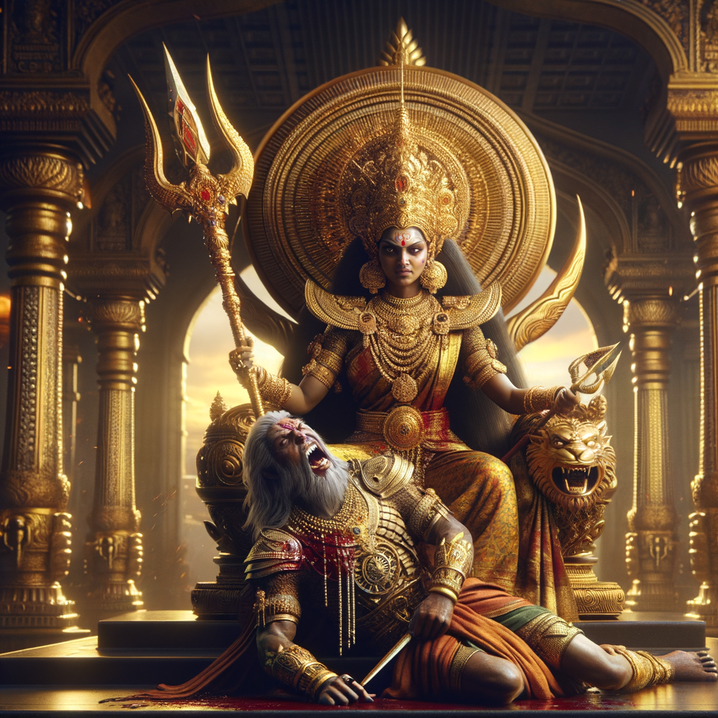 portrait of angry looking goddess durga sitting on a gold crown and carrying a weak mahishasur on her lap and stabbing him with her amazingly designed trident. She is wearing gold armor, a huge gold crown, gold saree, abundant  gold jewelry, covered in blood. The scene is set in ancient India. The image is 8K resolution, cinematic, ultra detailed face and epic.