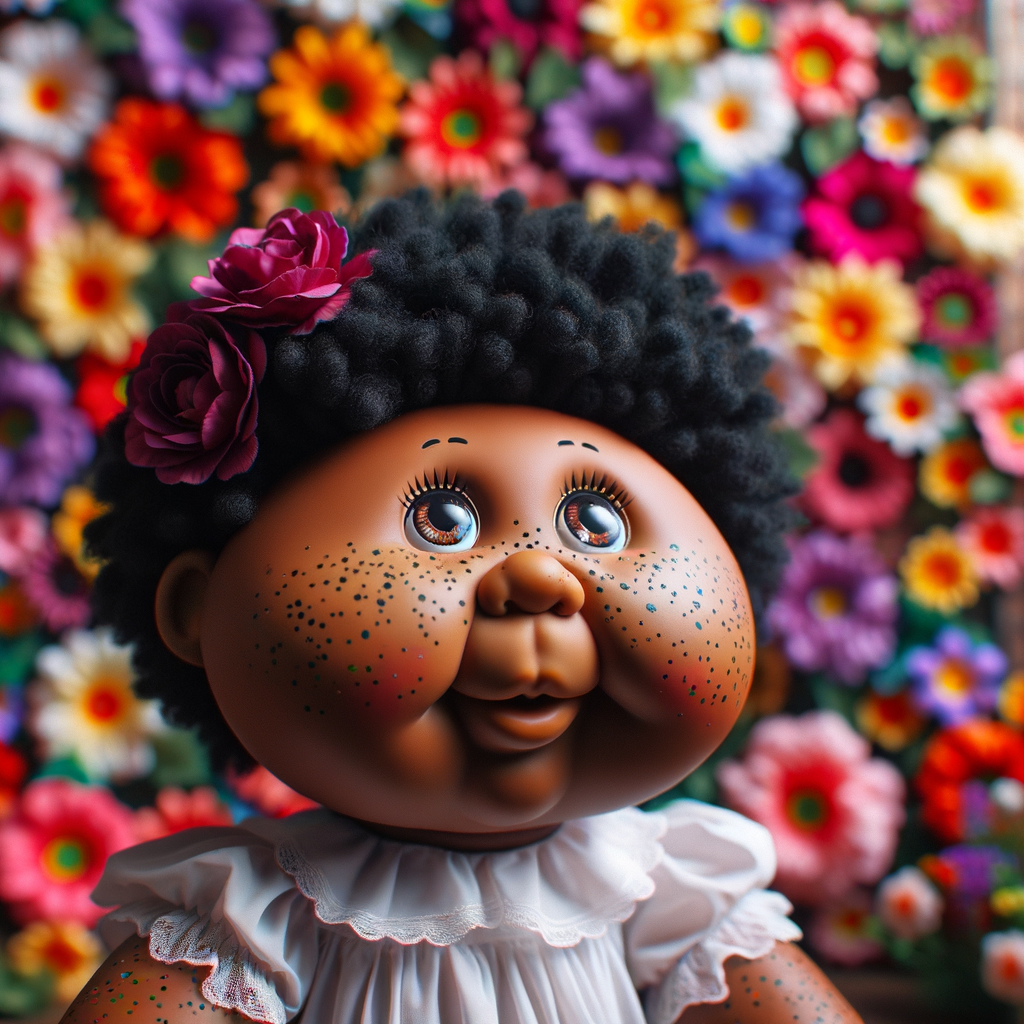 African-American cabbage patch doll with huge dimples, and freckles and flowers in the background