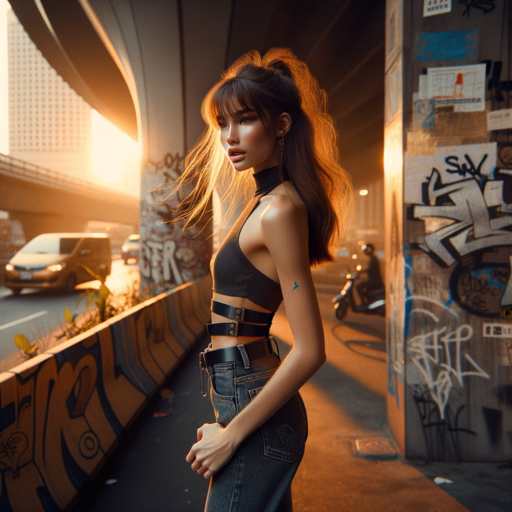 Athletic Thin skinny Attractive, Asian teenage girl, long brown hair and bangs, wearing tight skinny jeans and a halter top paint marks on her clothing, heroic pose Asian graffiti background, side view