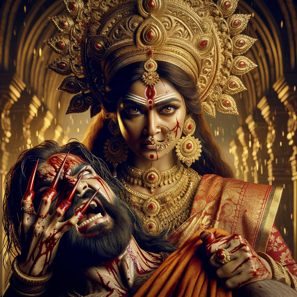 portrait of angry looking goddess durga  carrying a weak mahishasur in her arms and poking him with her amazingly long red fingernails. She is wearing a huge gold crown, red saree, abundant  gold jewelry, covered in blood. The scene is set in ancient India. The image is 8K resolution, cinematic, ultra detailed face and epic.