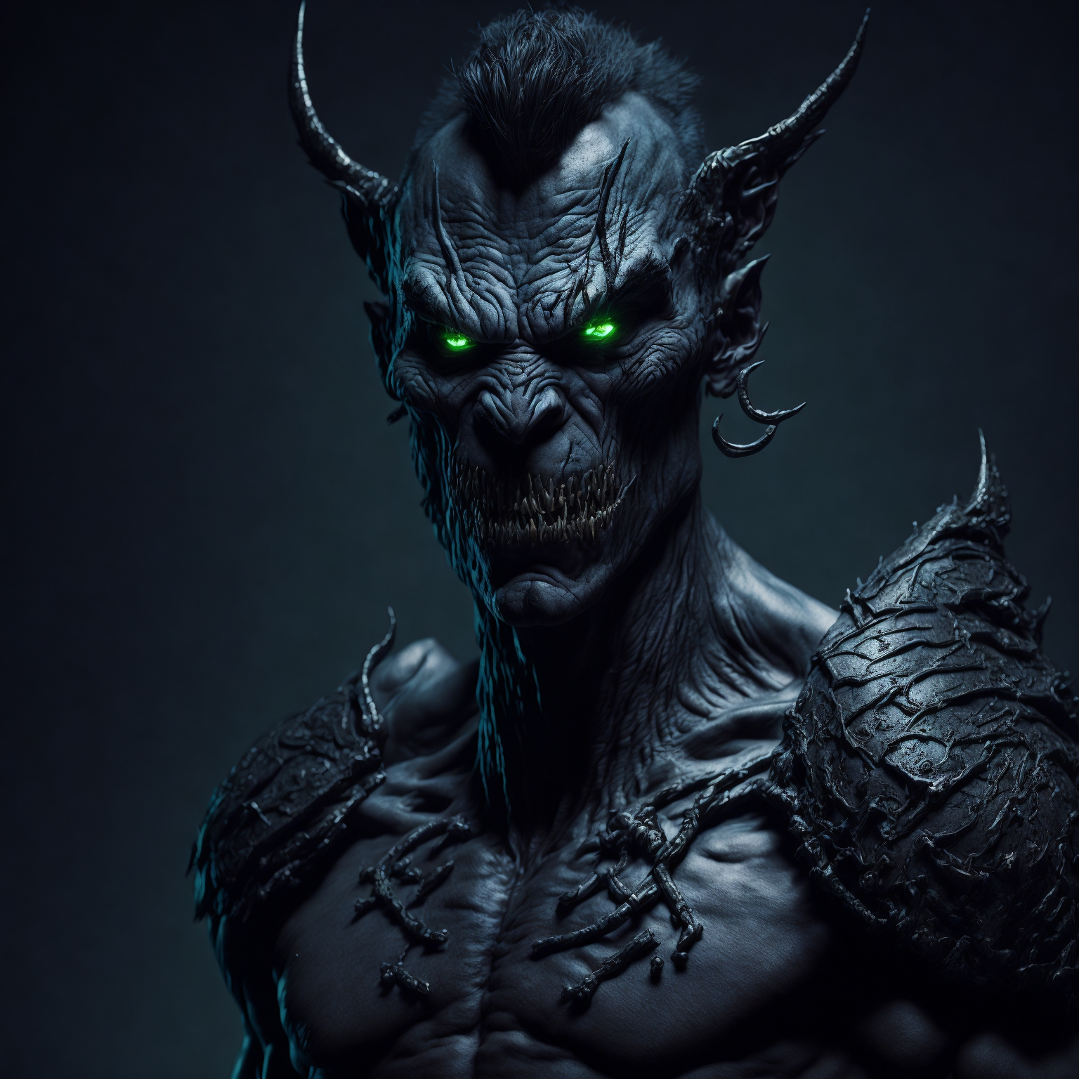 In the dark underbelly of a neon-noir world, a mysterious orc with dreamy eyes and a seductive stance captivates viewers with his unsettling allure. This concept art, a digital painting, showcases the orc's otherworldly beauty in intricate detail, from his shimmering silver tusks to the intricate tattoos adorning his muscular frame. The image exudes a sense of sophistication and sophistication, with every brushstroke expertly capturing the essence of this enigmatic character.