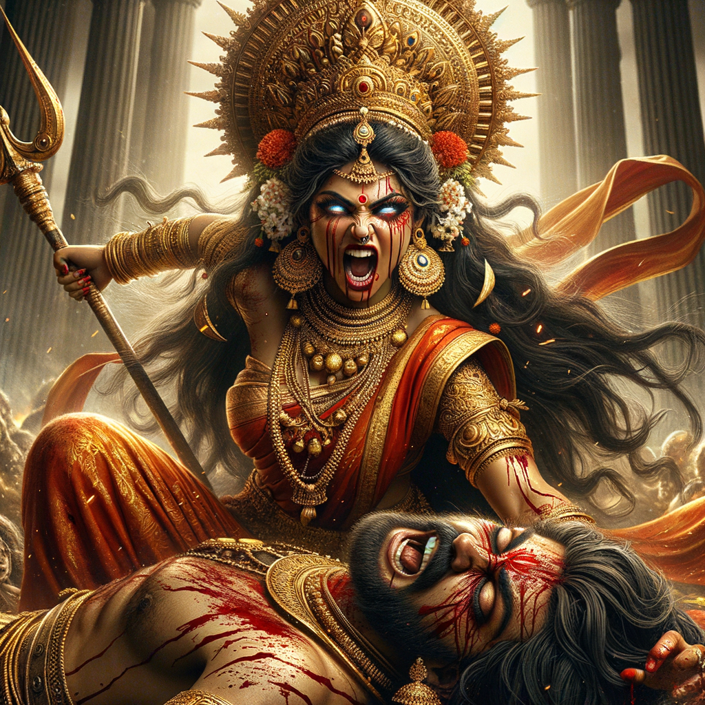 portrait of angry looking, indian goddess cosplayer straddling a defeated mahishasur, while he is lying on the ground and she stabs him with her trident. She is wearing a huge gold crown, red saree, abundant  gold jewelry, covered in blood. The scene is set in ancient India. The image is 8K resolution, cinematic, photography, ultra detailed face and epic.