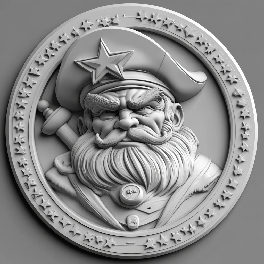 Design a high-contrast grayscale 3d bas relief of captain crunch, The composition should be circular like a coin emblem, designed for CNC routing with balanced lighting to accentuate fine details, sharp edges, and distinct textures. Employ deep shadows and strong highlights to define planes and surfaces clearly.