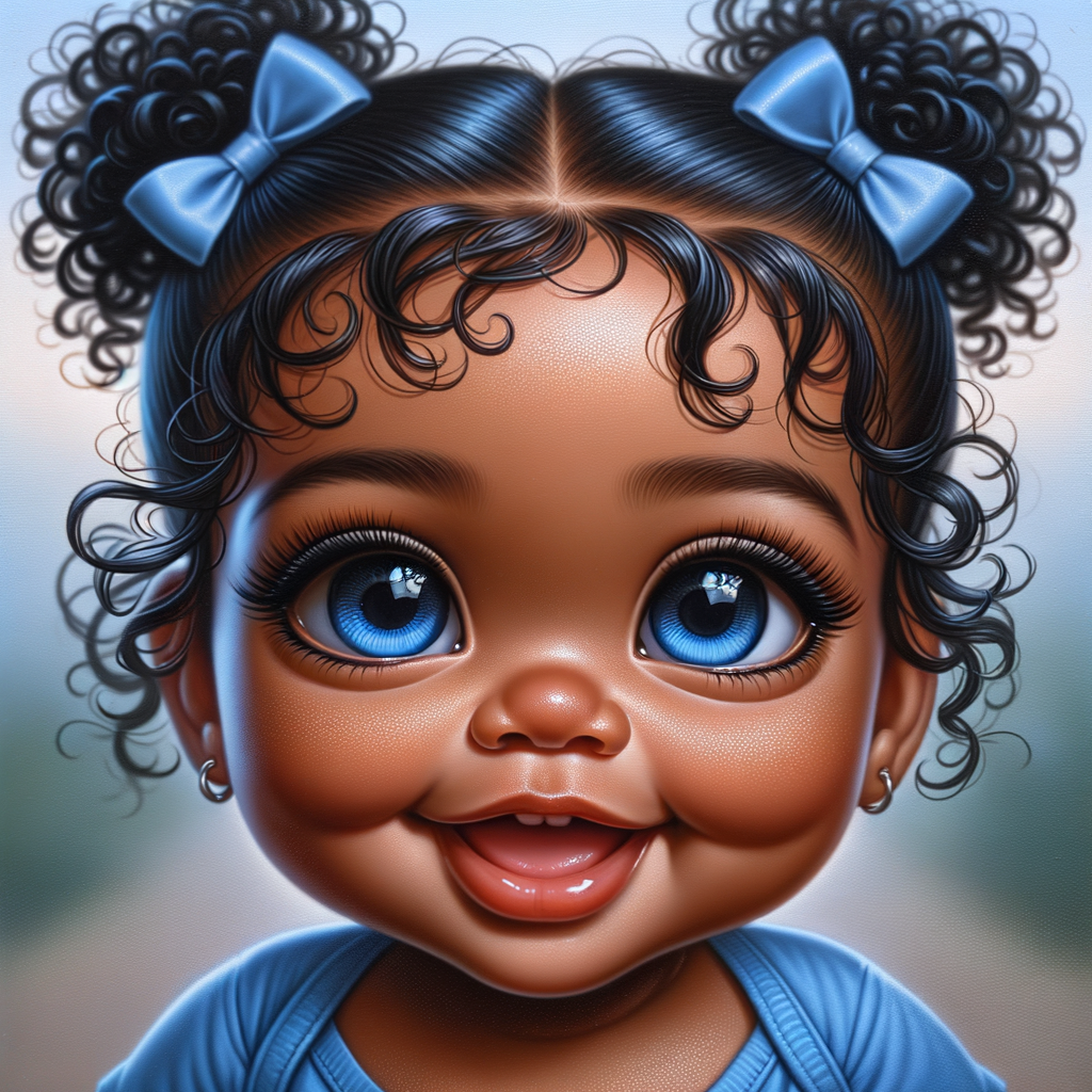 ultra realistic Chibi Style oil painting of Med olive skin  cute African-American American baby girl with deep deep dimples on both checks smiling huge, blue eyes, wearing a blue onesie two curly black pigtails with blue
 ribbons. crystal blue eyes. up-close view bokeh background

S/O Genae Kulah