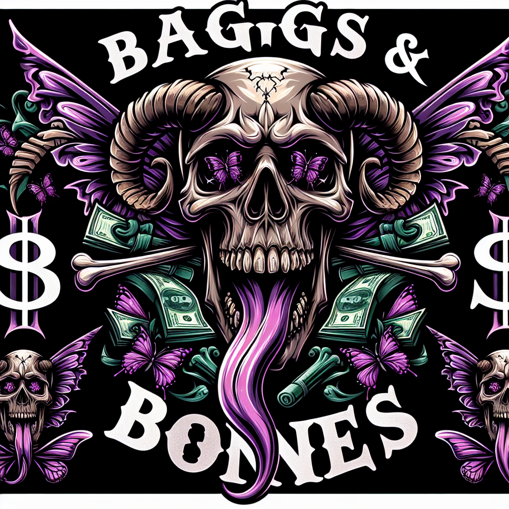 Death 
 logo with butterflies and purples(masterpiece, best quality),vicious extremely detailed, skull and bones and money everywhere, (detailed eyes)Make different shaped logos [Make sure image fits in space allowed] animated, influenced by horror elements, dressed in a oozing graffiti horns. utilizing a stylized dollar sign. elongated tongue should be playfully sticking out. Beneath the figure, incorporate in a old english unique, bold font that complements the edgy aesthetic, the words "BAGGS & BONEZ" FOR THE BRAND NAME ON THE LOGO.((best quality)), ((masterpiece)),  ,, (8k), RAW photo, best quality, ultra high res,( realistic), should have an exaggerated expression, with a long, protruding tongue.sharp features and large horns,