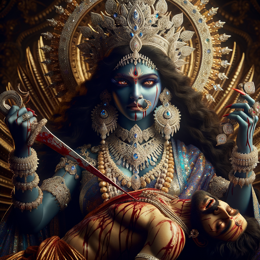 portrait of intense looking goddess kali, blue skinned, sitting on a gold crown and carrying a weak mahishasur on her lap and stabbing him with her amazing long red finger nails. She is wearing diamond armor, a huge diamond crown, red saree, abundant diamond jewelry, covered in blood. The scene is set in ancient India. The image is 8K resolution, cinematic, ultra detailed face and epic.