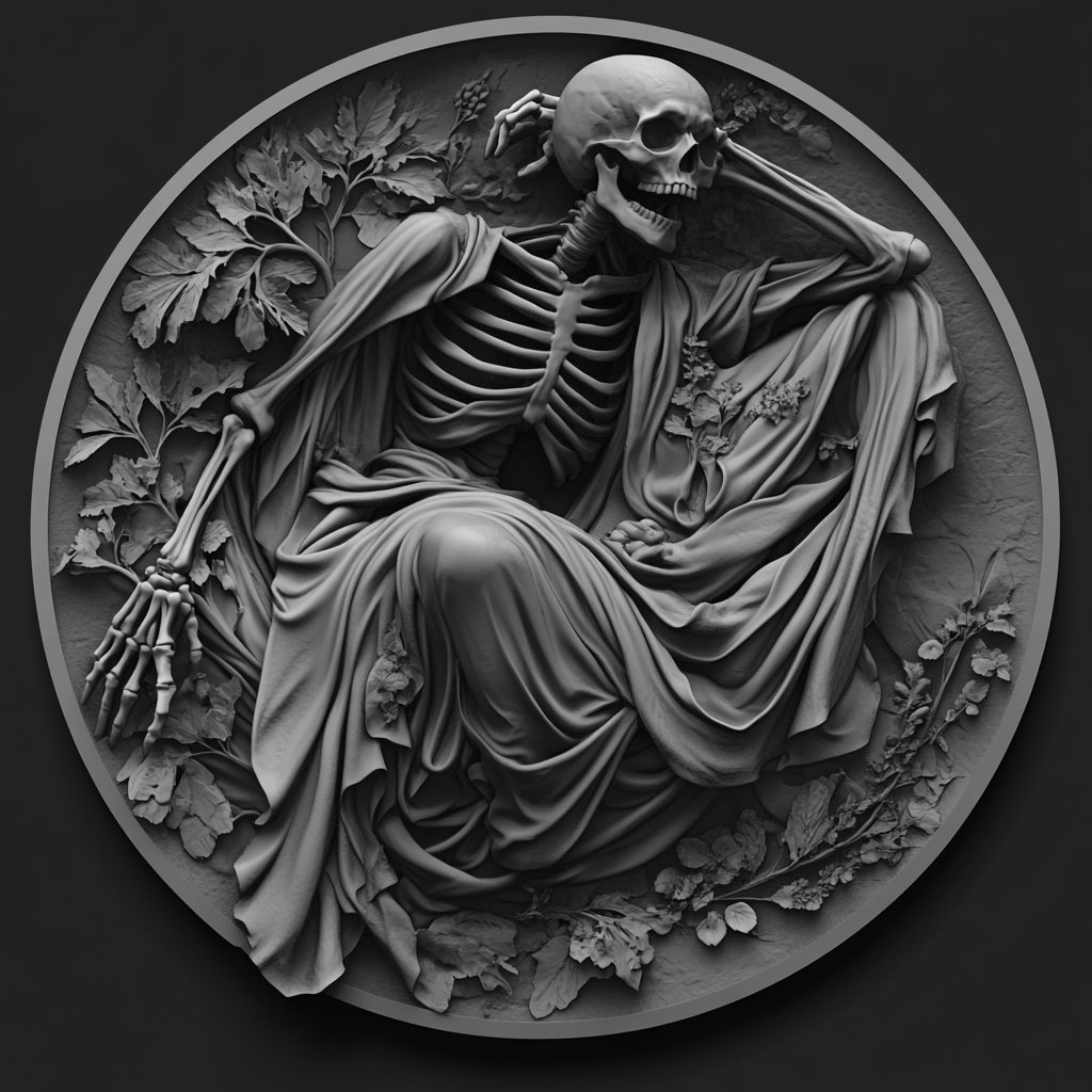 Design a high-contrast grayscale 3d bas relief of death, The composition should be circular like a coin emblem, designed for CNC routing with balanced lighting to accentuate fine details, sharp edges, and distinct textures. Employ deep shadows and strong highlights to define planes and surfaces clearly.