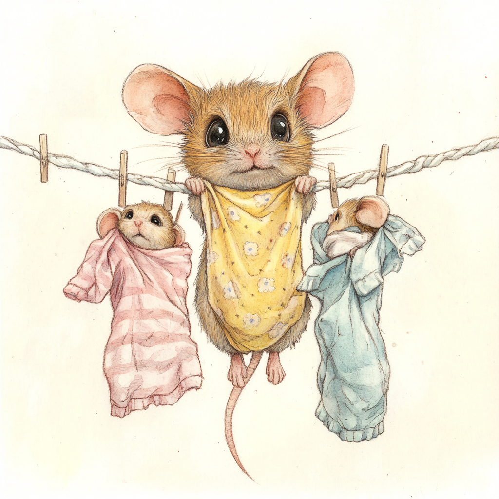 Cute mouse with expressive eyes, hanging laundry on a line which has lots of baby clothing hanging off it on clothing pins. She is adorable and has 2 little baby mice hanging from the line wrapped in blankets. Style is watercolor, with pencil outlines.