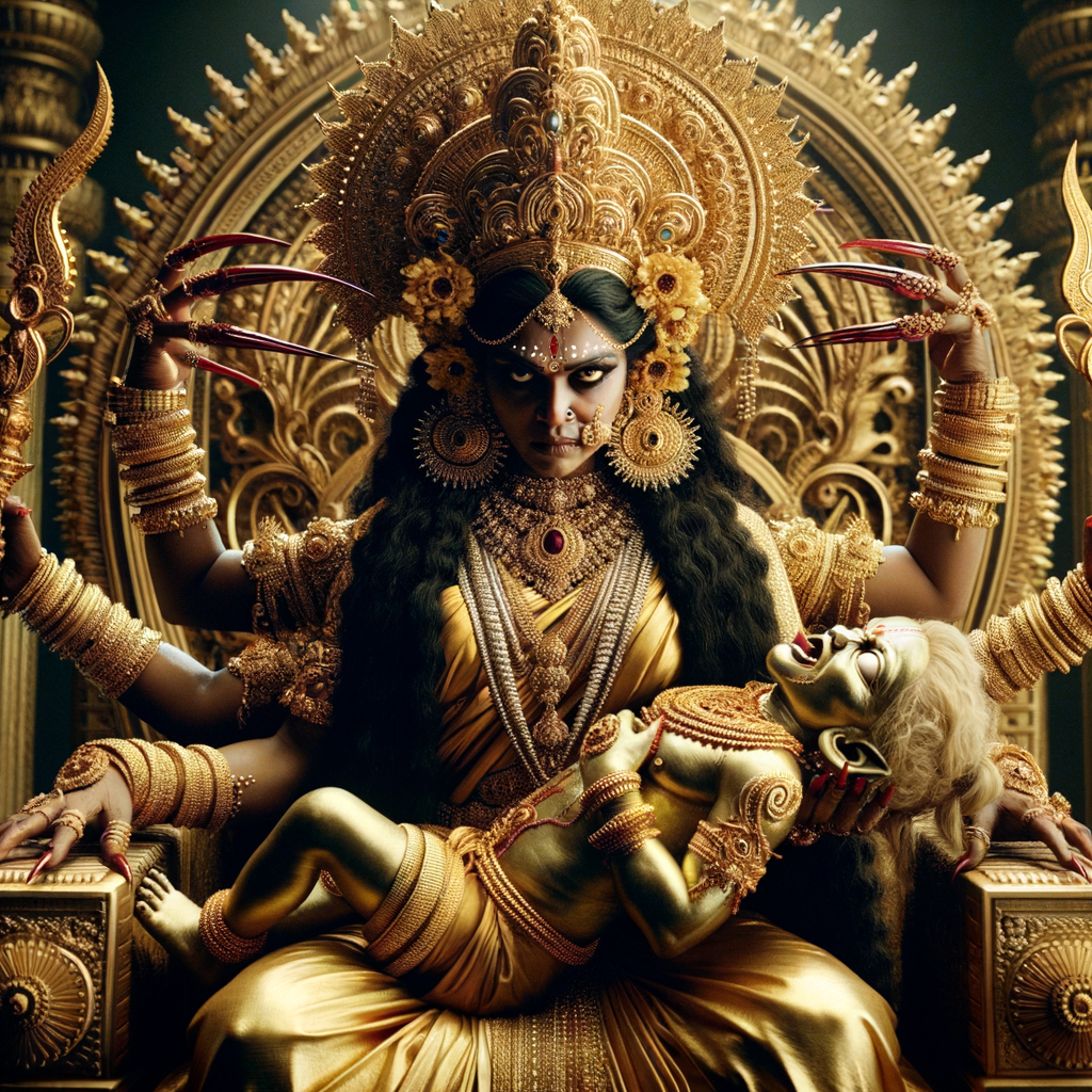 portrait of angry looking, four-armed indian goddess  sitting on a gold crown and carrying a weak mahishasur on her lap and poking his abdomen with her amazingly long red fingernails . She is wearing gold armor, a huge gold crown, gold saree, abundant  gold jewelry, covered in blood. The scene is set in ancient India. The image is 8K resolution, cinematic, photography, ultra detailed face and epic.