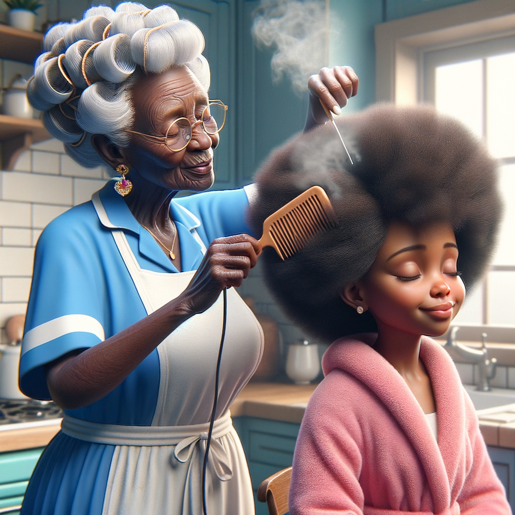 Create a realistic 3-D image of an african-American grandmother wearing a blue house dress and a white apron . She is in the kitchen with her african-American granddaughter. Her granddaughter is wearing a pink bath robe. The grandmother has a hot comb in her hand and she is straightening her granddaughters hair. One side of her granddaughters hair is in  a Afro the other straight 
There is smoke coming from the hot comb
The granddaughter is making a face