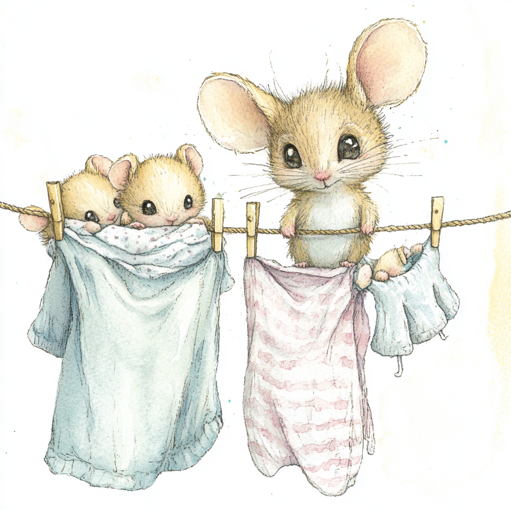 Cute mouse with expressive eyes, hanging laundry on a line which has lots of baby clothing hanging off it on clothing pins. She is adorable and has 2 little baby mice hanging from the line wrapped in blankets. Style is watercolor, with pencil outlines.