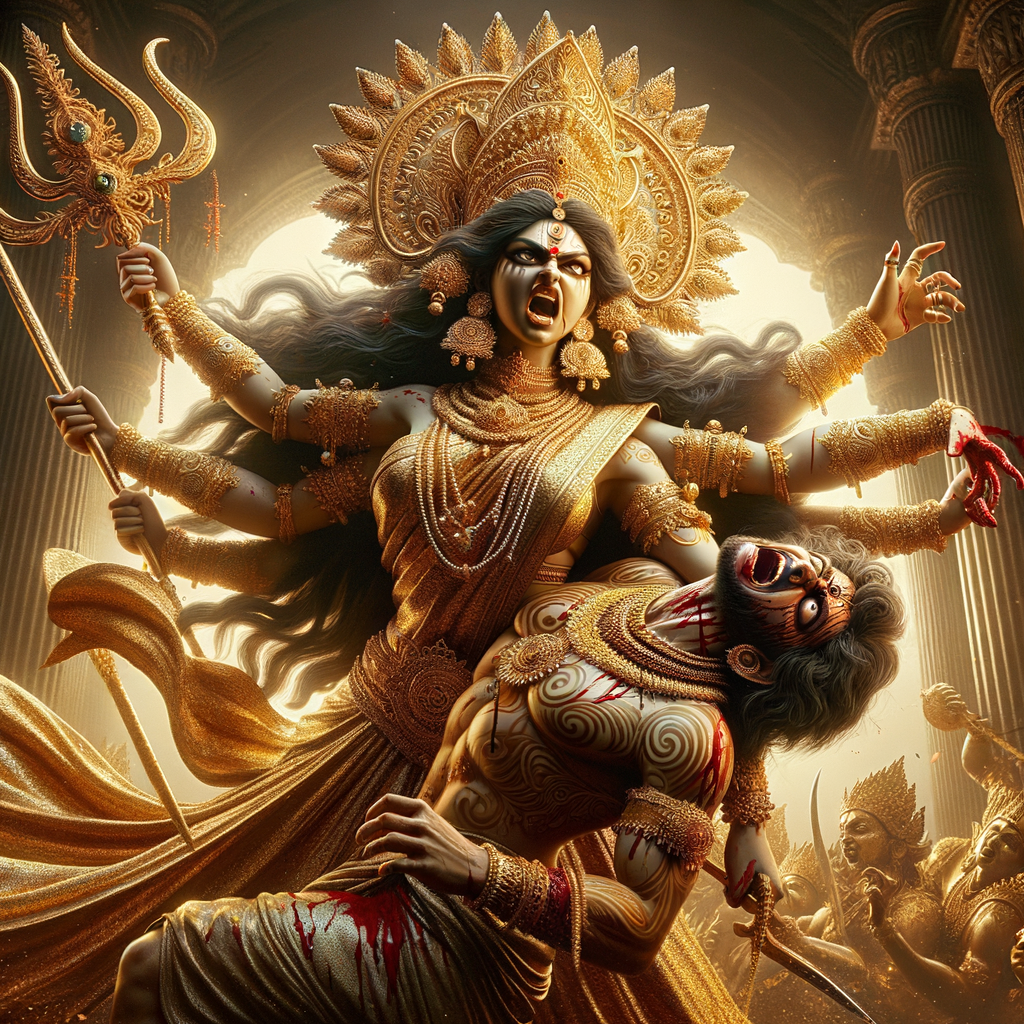 portrait of angry looking goddess durga slaying a weak mahishasur by carrying him in her arms and stabbing him with her amazingly designed trident. She is wearing gold armor, a huge gold crown, gold saree, abundant  gold jewelry, covered in blood. The scene is set in ancient India. The image is 8K resolution, cinematic, ultra detailed face and epic.