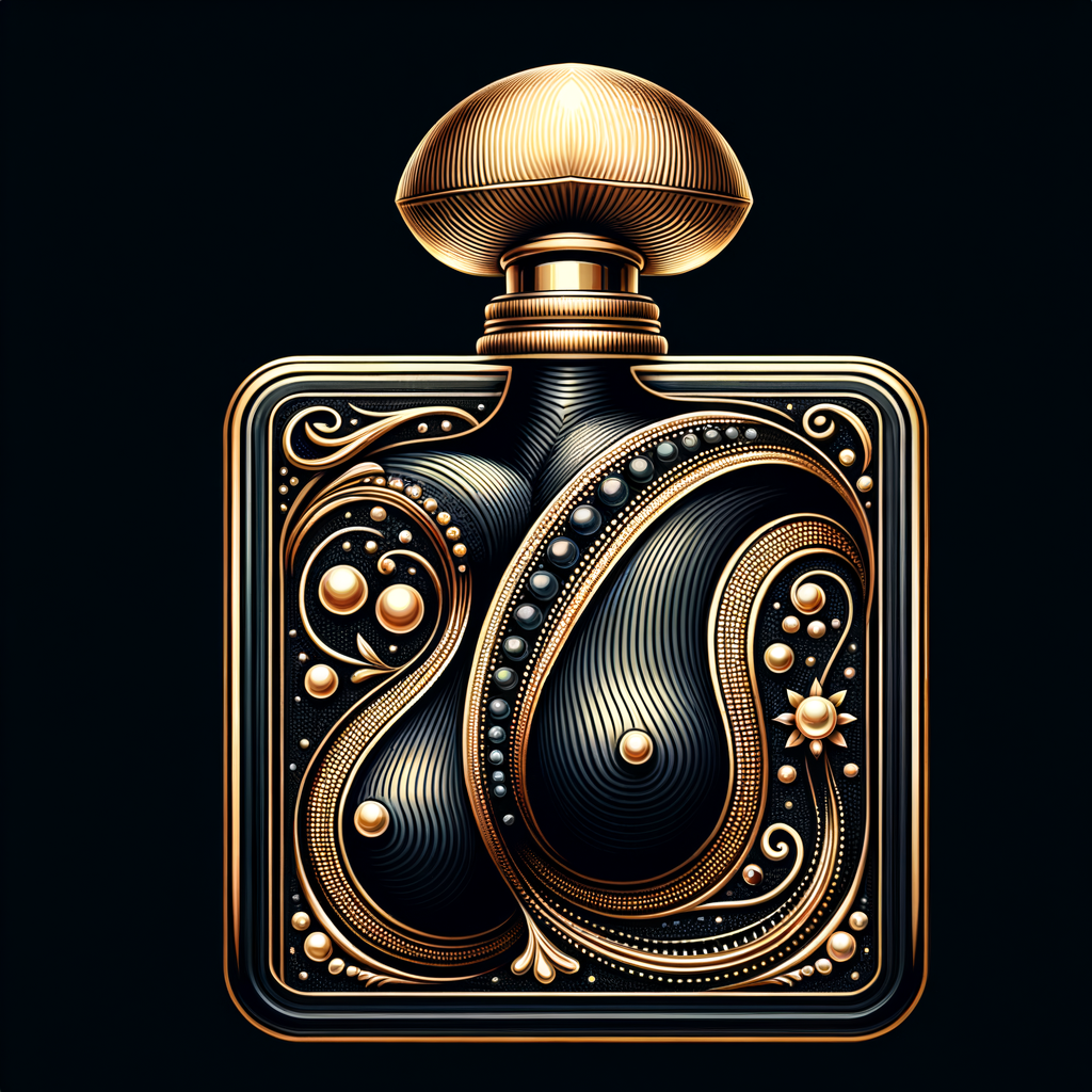 Design a fancy, black and gold bottle of perfume in the shape of a woman’s body. With a golden diamond top, flowers pearls and Diamonds in the name, Karen