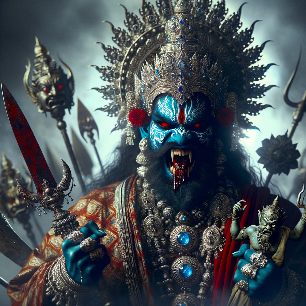 photograph of angry looking, gorgeous goddess kali, blue skinned carrying a weak mahishasur in her two arms and poking him with her amazingly long red fingernails. She is wearing a huge silver crown, red saree, abundant silver jewelry, covered in blood. The scene is set in ancient India. The image is 8K resolution, cinematic, ultra detailed face and epic.