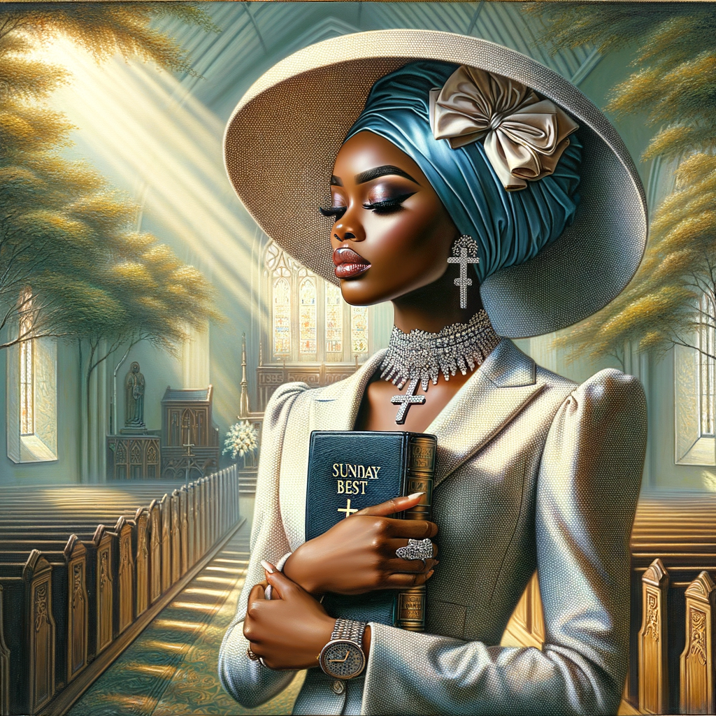 Render an airbrush oil painting of an African American woman with flawless makeup in a
contemplative pose, holding a Bible close to her heart, dressed in an elegant Sunday Best
outfit with a distinctive Church Hat. The background features a peaceful church garden,
with light filtering through the trees, highlighting her spiritual connection and the personal
moment of reflection. The artwork should capture the tranquility of the scene, the beauty
of her attire, and the depth of her contemplation, reflecting a serene and spiritually