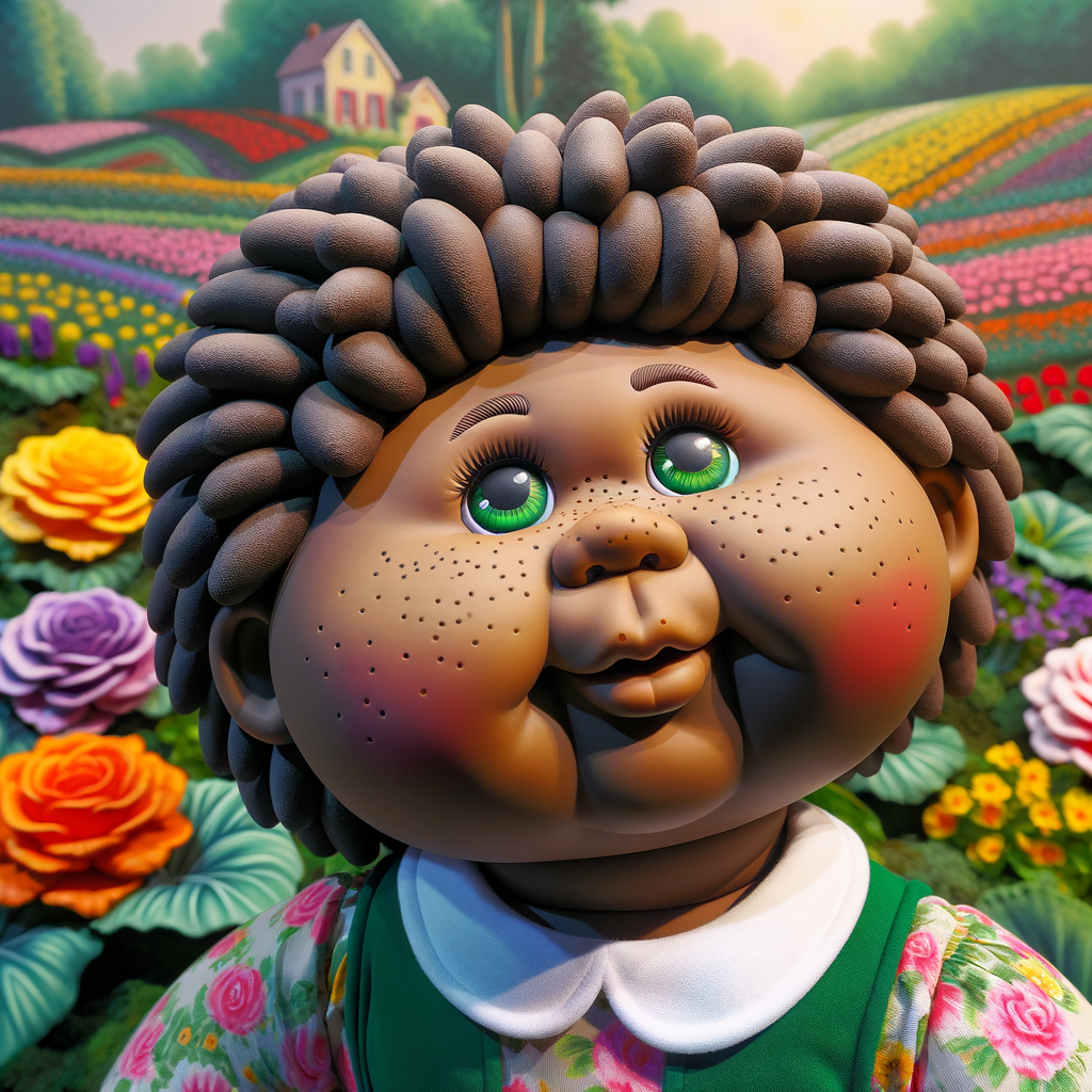 African-American cabbage patch doll with huge dimples, and freckles and flowers in the background