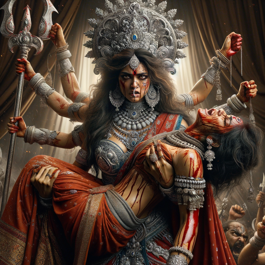 portrait of angry looking, gorgeous goddess durga cosplayer carrying a weak mahishasur in her two arms. She is wearing a huge silver crown, red saree, abundant silver jewelry, covered in blood. The scene is set in ancient India. The image is 8K resolution, cinematic, ultra detailed face and epic.