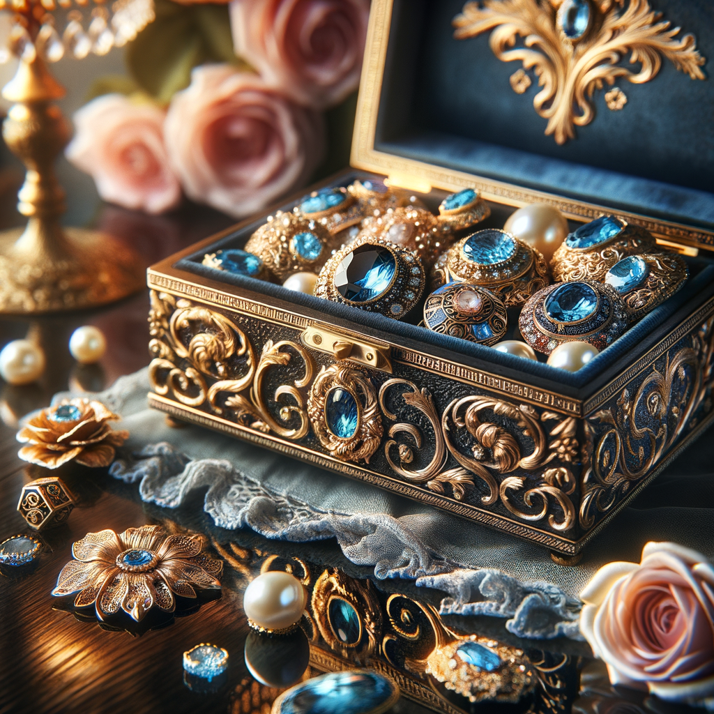 Create an image of an ornate jewelry box richly detailed with golden swirls and floral motifs, with no items on the top. Inside the box lies a collection of exquisite jewelry, each piece featuring vibrant blue gemstones set amongst pearls and golden accents. This treasure is placed on a dark wooden surface, subtly reflecting the luster of the gems. Around the box, there are loose gemstones, a golden flower, and soft pink roses in the blurred background, contributing to the elegant ambiance. The name 'Karen' is elegantly inscribed above the jewelry box, adding a personalized touch to the scene.