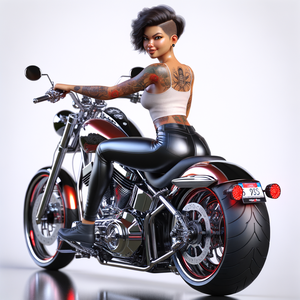 A cheeky Puerto Rican with short hair tattoos, on a shiny black and red Harley Davidson with magnificent design and crammed out. Her head is turned, looking at the camera and posing on the motorcycle.