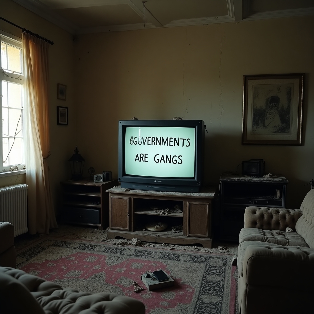 A war destroyed and vandalized middle eastern home with a tube tv that says “GOVERNMENTS ARE GANGS” on the screen