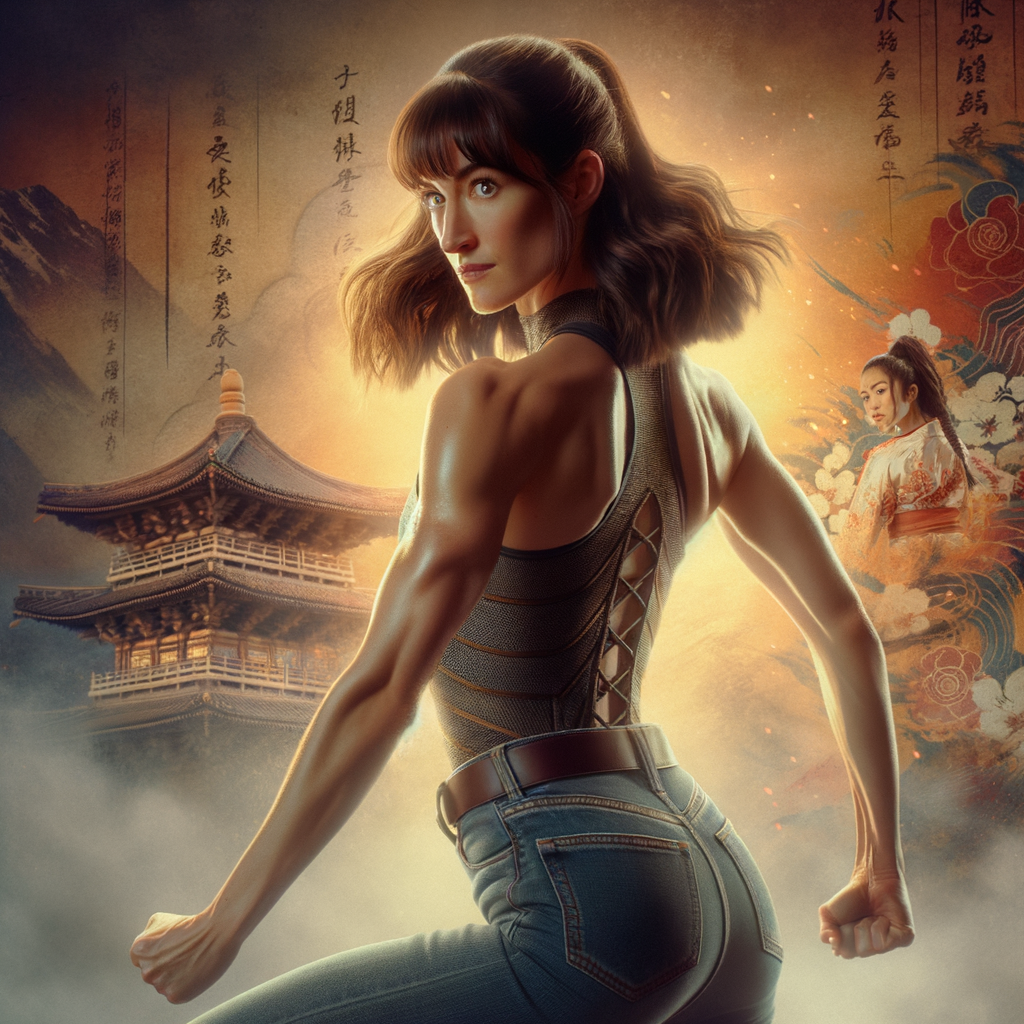 Athletic Thin skinny Attractive, Asian teenage girl, long brown hair and bangs, wearing tight skinny jeans and a halter top paint marks on her clothing, heroic pose Asian graffiti background, backside view