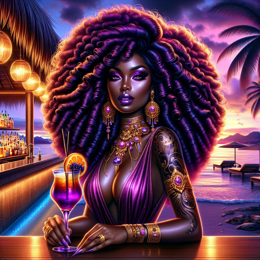 A digital airbrushed highly detailed, realistic stunning, confident Afro Latina woman with long voluminous deep purple curls, sitting at a luxurious tropical beachside bar at sunset. She wears a shimmering, form-fitting purple dress with gold embellishments, intricate jewelry, & elegant tattoos. Holding a vibrant cocktail garnished with an orange slice, she exudes mystery & allure. Background is a beautifully lit tiki-style bar with bottles of exotic liquors, glowing lanterns, palm trees, & a serene ocean view. The ambiance is sultry & glamorous, blending rich purples, warm golden lights, & deep tropical blues.