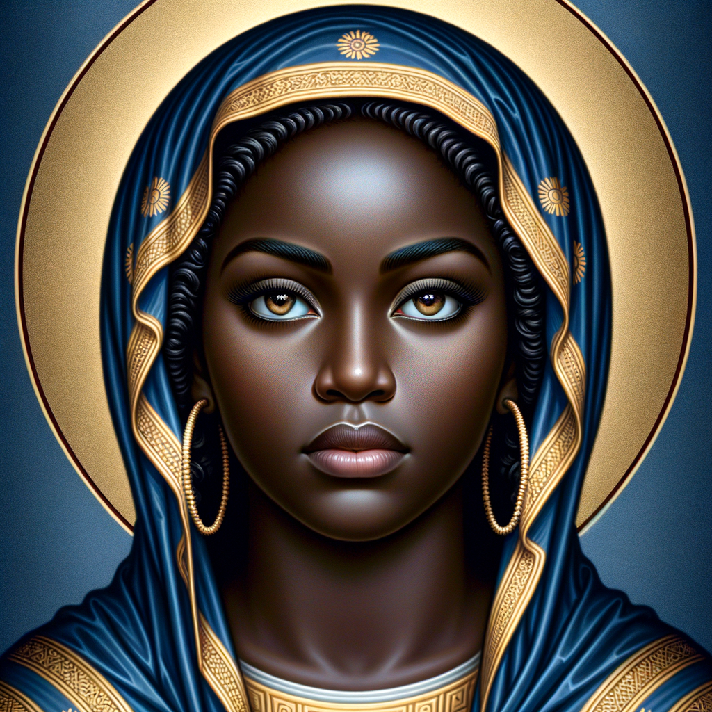 Create a beautiful African-American Jesus Christ with Hazel, brown eyes and blue and gold robe