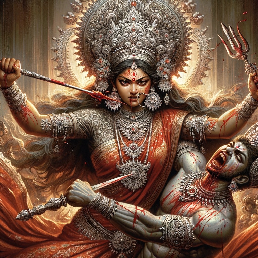 portrait of angry looking goddess durga  carrying a weak mahishasur in her two arms and stabbing him with her amazingly designed trident. She is wearing a huge silver crown, red saree, abundant silver jewelry, covered in blood. The scene is set in ancient India. The image is 8K resolution, cinematic, ultra detailed face and epic.