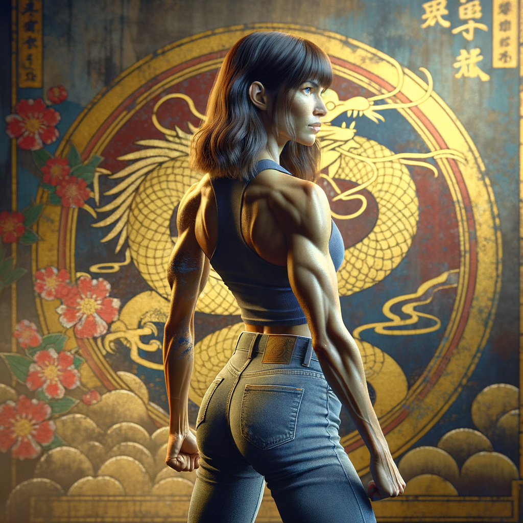 Athletic Thin skinny Attractive, Asian teenage girl, long brown hair and bangs, wearing tight skinny jeans and a halter top paint marks on her clothing, heroic pose Asian graffiti background, backside view