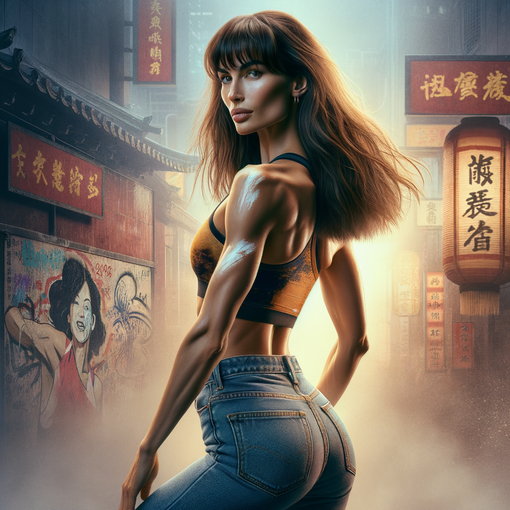 Athletic Thin skinny Attractive, Asian teenage girl, long brown hair and bangs, wearing tight skinny jeans and a halter top paint marks on her clothing, heroic pose Asian graffiti background, backside view