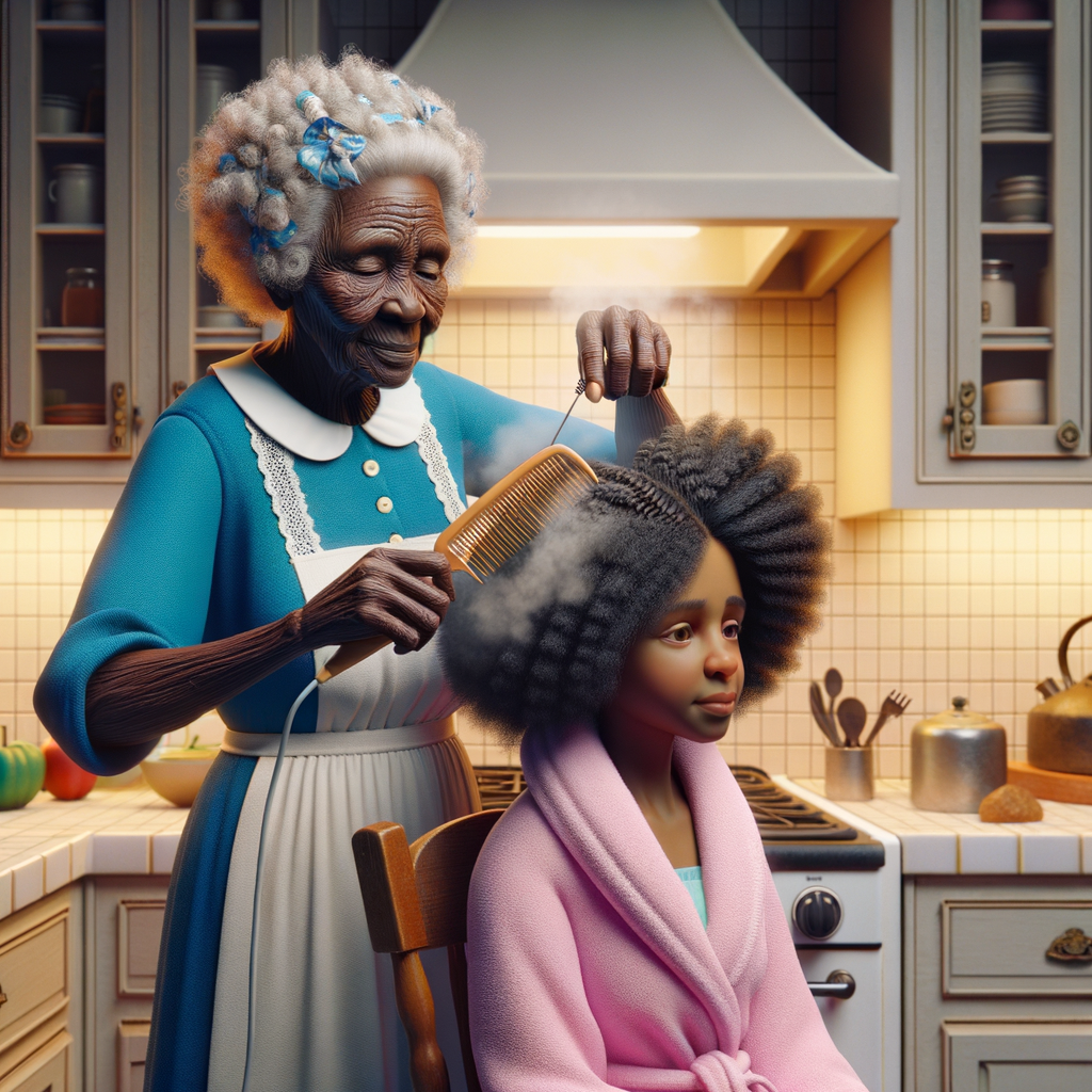 Create a realistic 3-D image of an african-American grandmother wearing a blue house dress and a white apron . She is in the kitchen with her african-American granddaughter. Her granddaughter is wearing a pink bath robe. The grandmother has a hot comb in her hand and she is straightening her granddaughters hair. One side of her granddaughters hair is in  a Afro the other straight 
There is smoke coming from the hot comb
The granddaughter is making a face