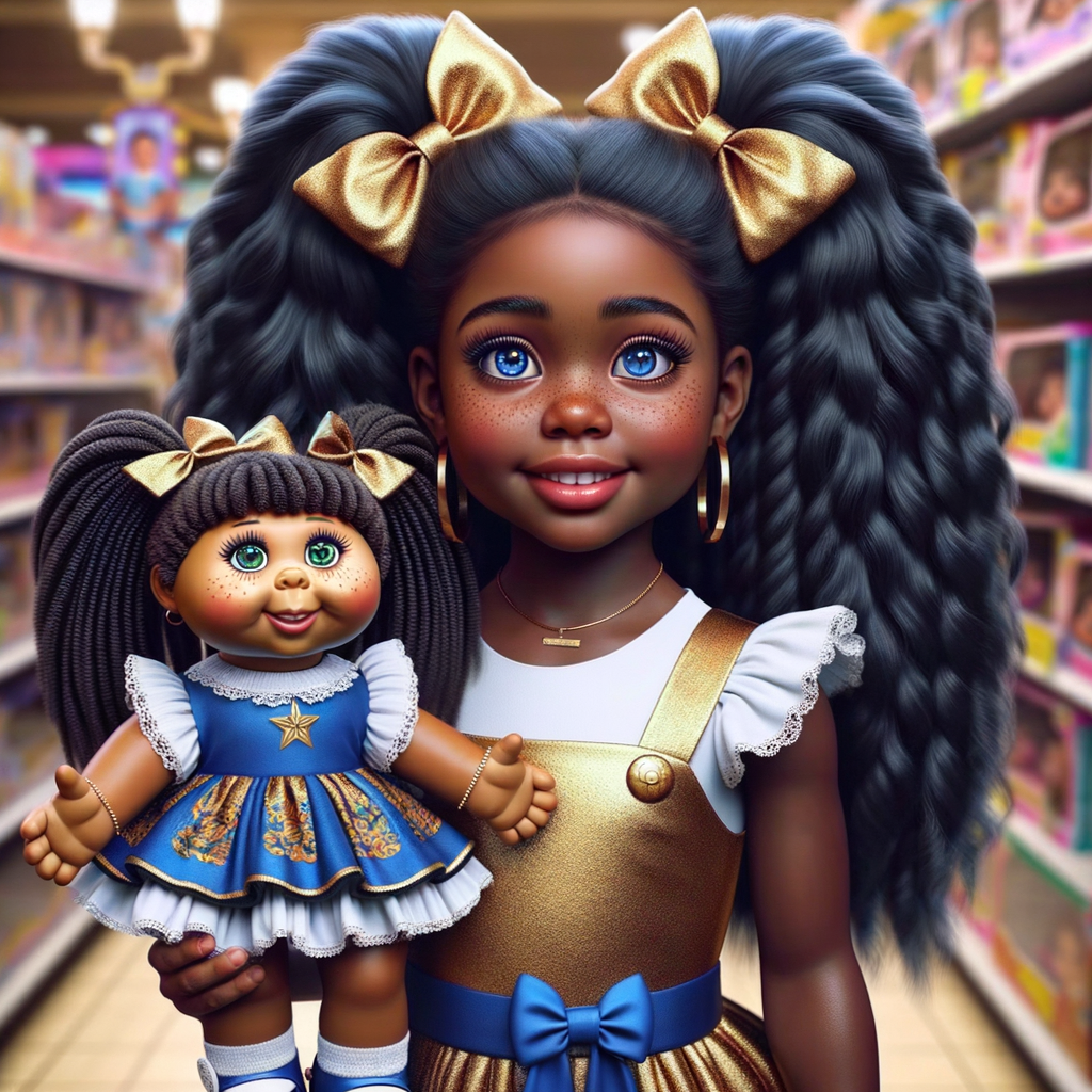 Create a 3-D image of an african-American little girl inside of a medium size, toy store. The little girl has thick long, ponytails and huge blue eyes. She has on a gold and blue jumpsuit with matching bows, She is playing with her favorite african-American cabbage patch doll, the doll has deep, dimples, and freckles and looks just like her