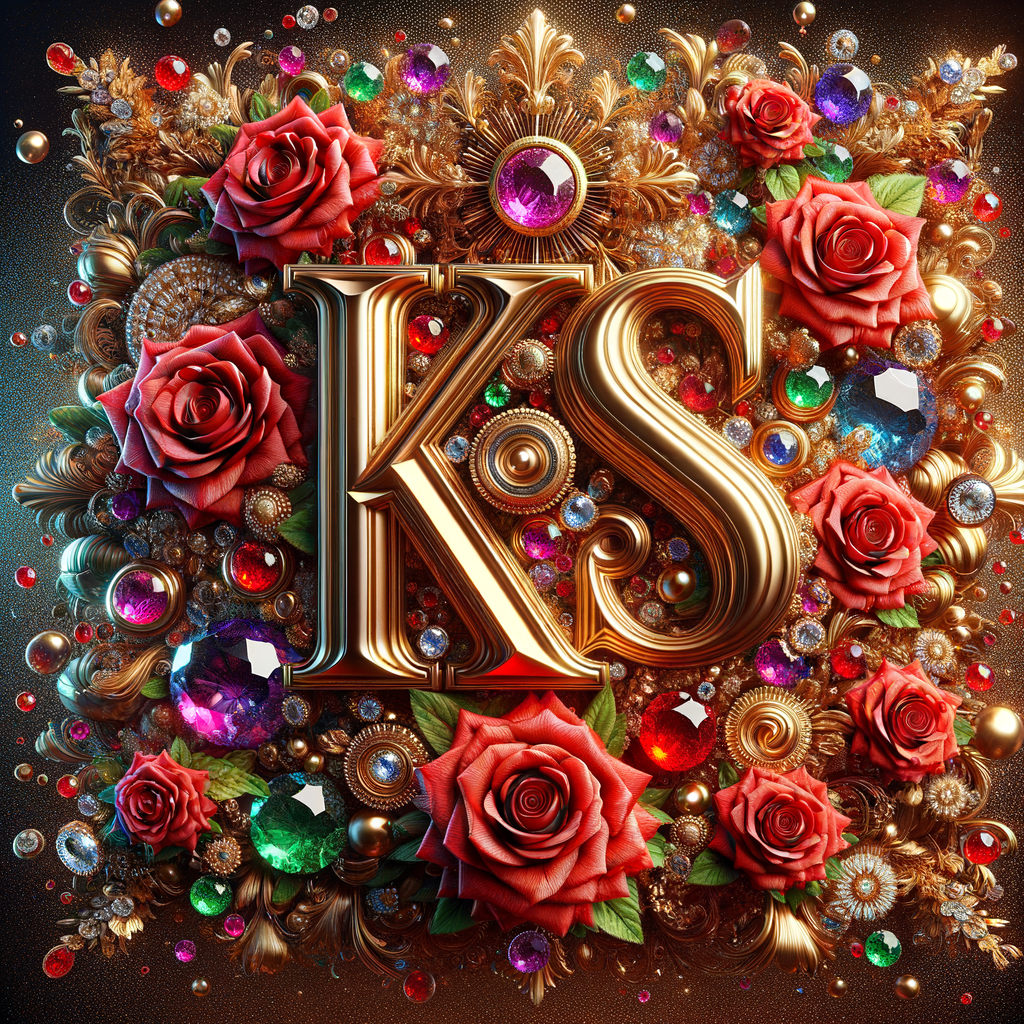 Create a 3-D realistic image with the letters  K.S. in gold raised letters and add some red roses. Add diamonds and colorful jewels