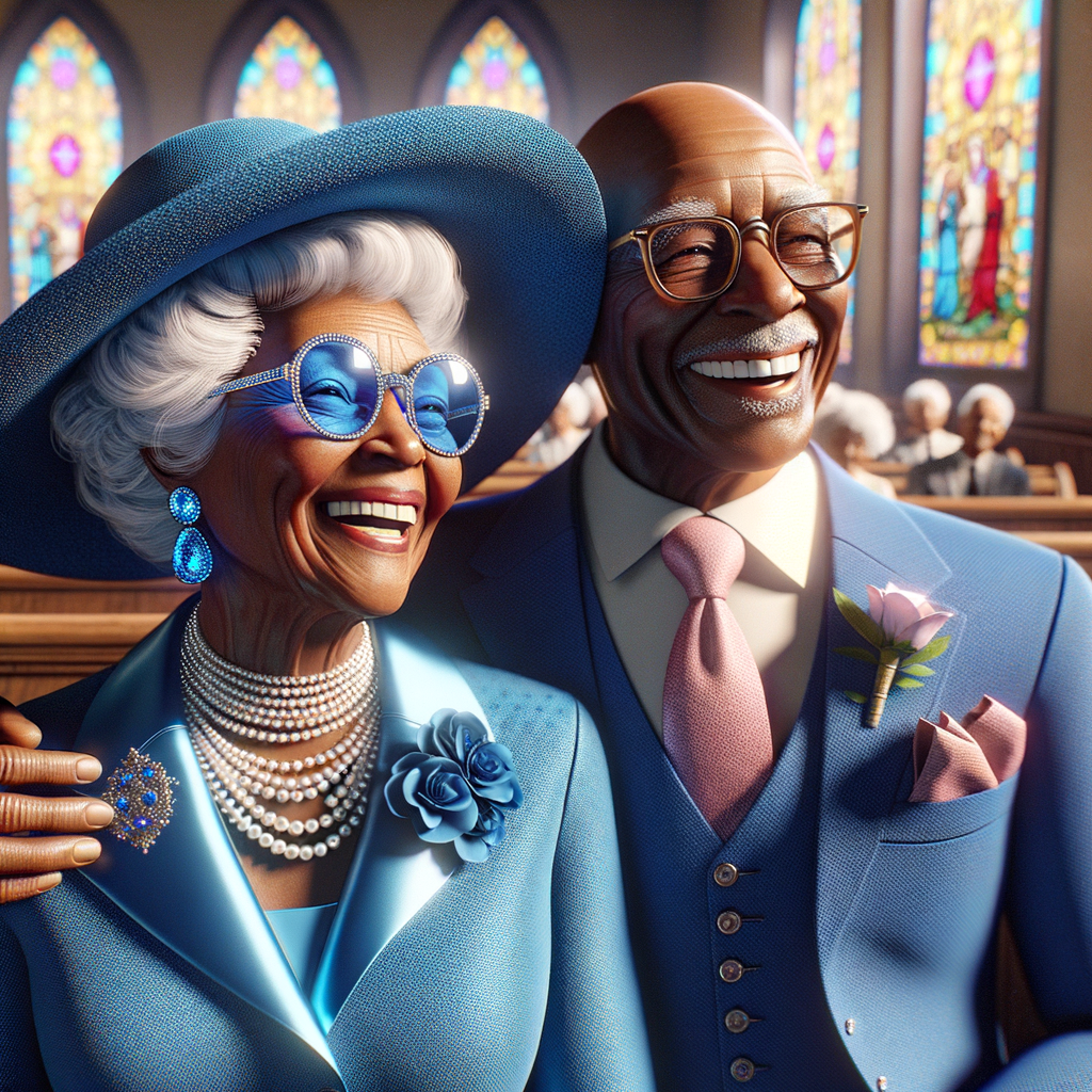 Create a heartwarming and detailed realistic 3-D image of an elderly African American couple sharing a moment of joy and laughter. The woman is stylishly dressed in a blue church suit with a matching wide-brimmed hat and bedazzled, blue-tinted glasses that sparkle with personality. Her jewelry is elegant and classic, featuring pearls and matching blue diamond earrings. The man is dapper in a sharp blue suit with a pink tie and pocket square, his glasses adding a touch of sophistication. They are at a church event, the stained glass windows casting a colorful glow around them. Their expressions are filled with happiness, reflecting a life well-lived and a relationship filled with love.