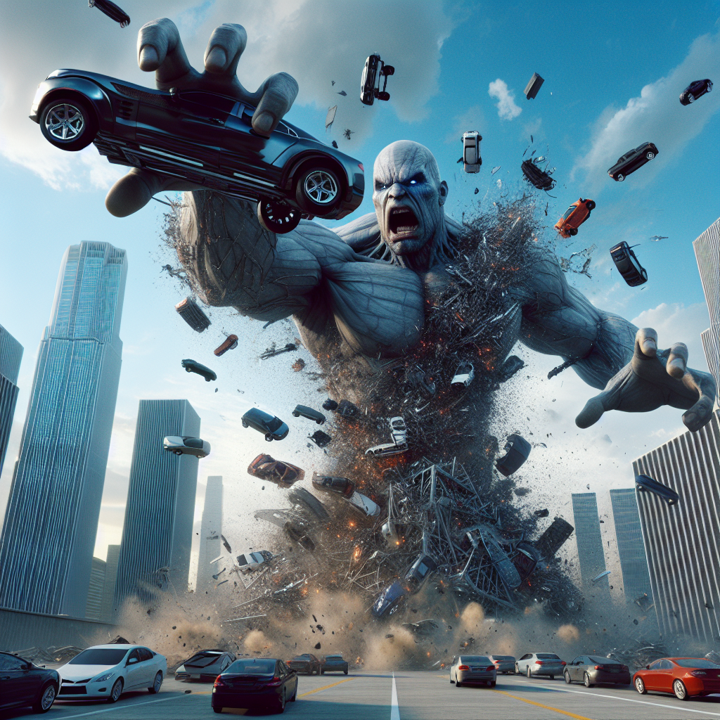 Generate a hyper-realistic image of an intimidating, bald giant exuding malevolence, effortlessly tossing cars towards towering skyscrapers, resulting in explosive impacts and a cascade of debris across the expansive sky.